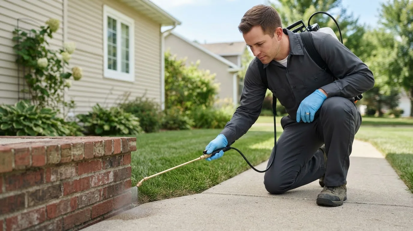 Pest control technician treating a home near Alden, IA
