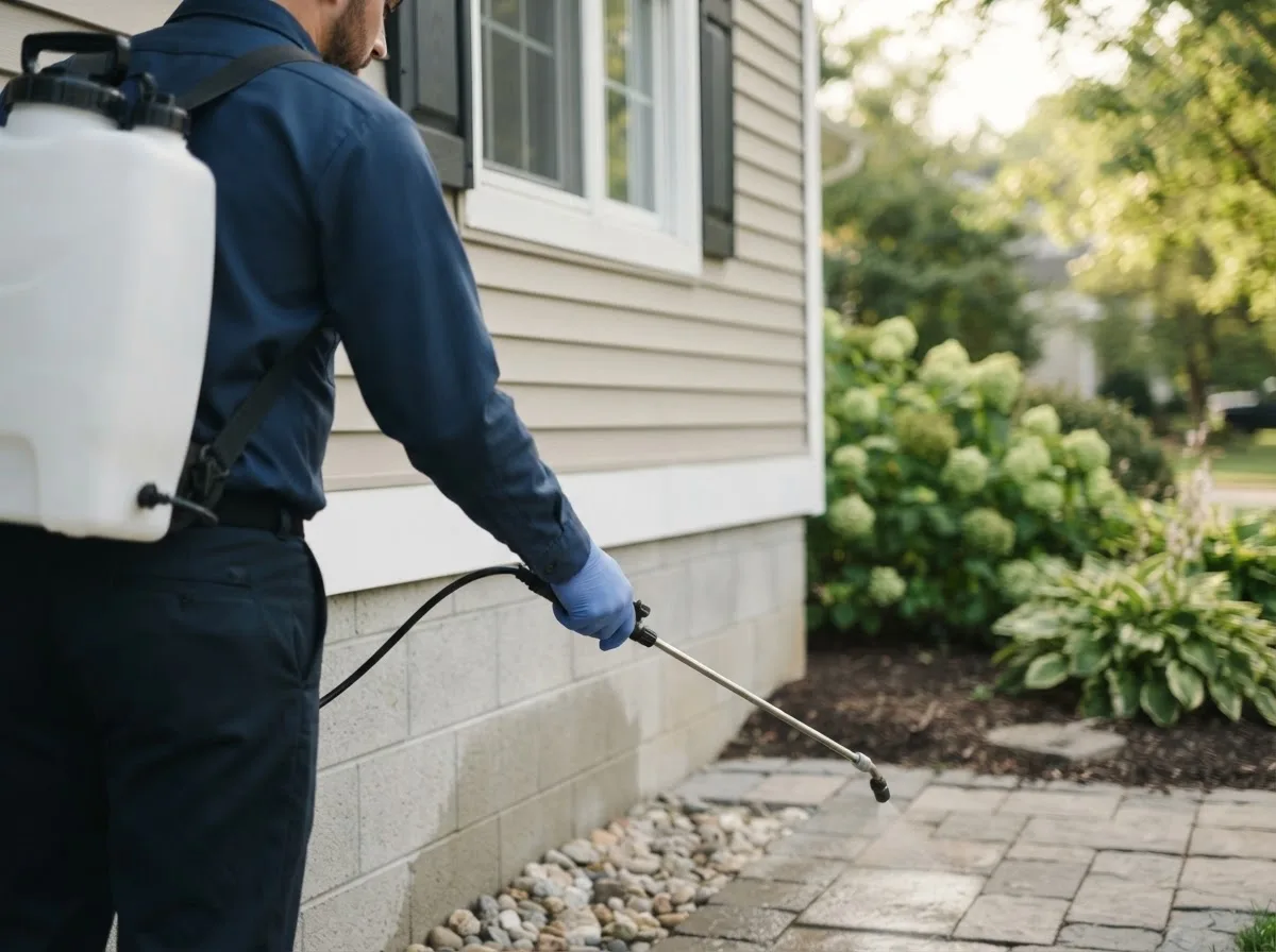 Pest control technician inspecting a home in Alden, IA